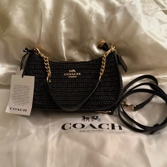 🖤Coach NWT Teri Black Woven Shoulder Bag with crossbody Gold Hardware &Bow Charm - Picture 4 of 7